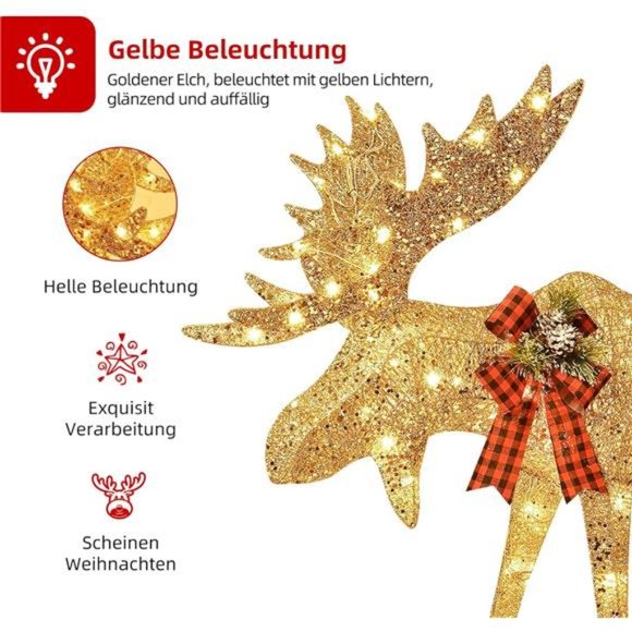 Lighted Christmas Decor Moose Family - Light up Moose 2 Set w/ 135 Lights - Gold - Picture 5 of 6